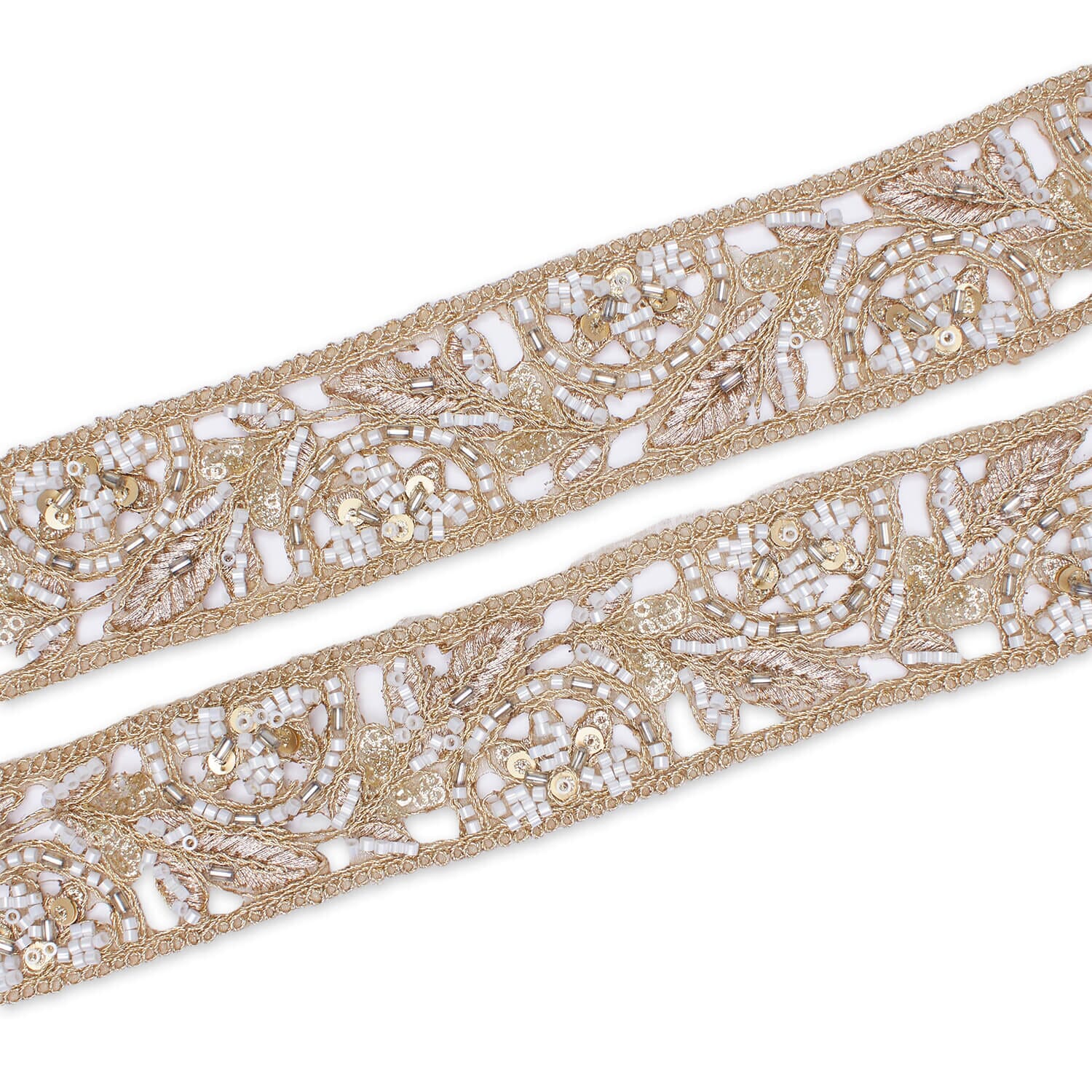 1.75 Inch Floral Beaded Sequined Metallic Corded Embroidery On Mesh Trim (9.8 Yards / 9 Meters) - Image 6