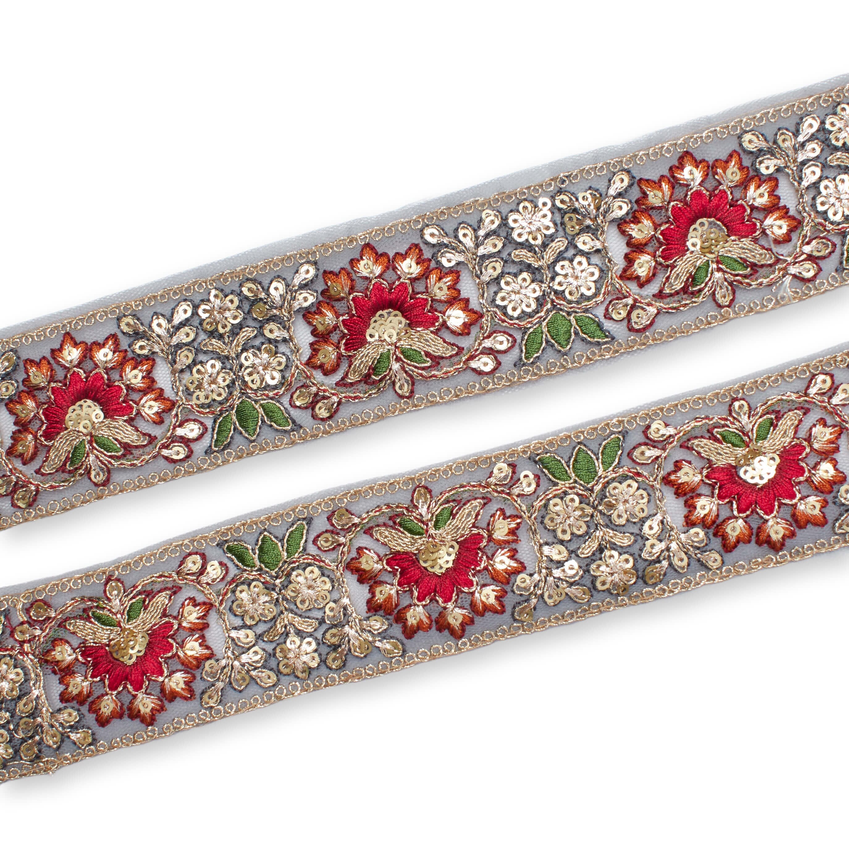 1.75 Inch Floral Bloom Sequin Metallic Corded Embroidery Net Mesh Trim (9.8 Yards / 9 Meters) - Image 3