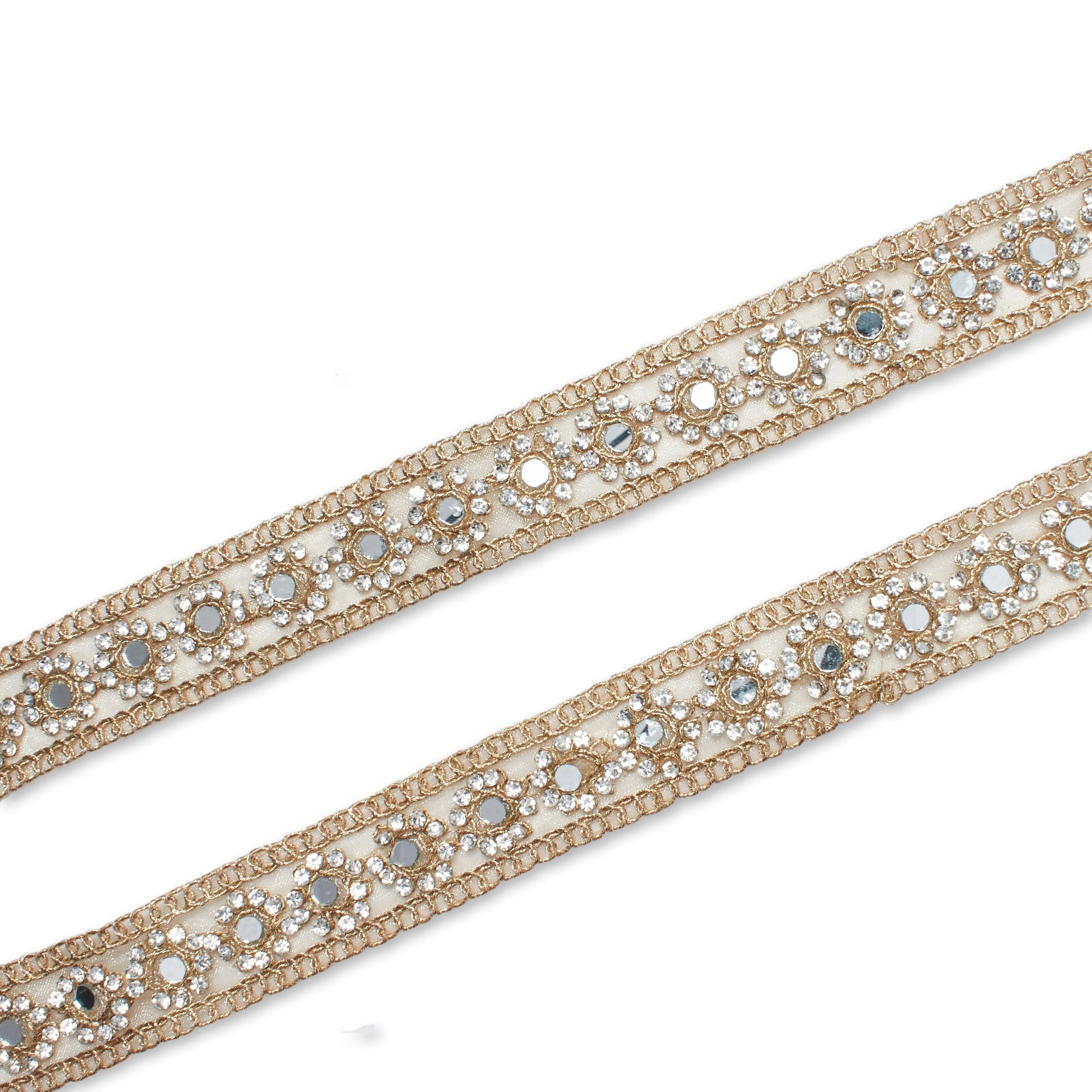 1 Inch Metallic Floral Mirror Rhinestone Corded Mesh Trim (9.8 Yards / 9 Meters) - Image 6