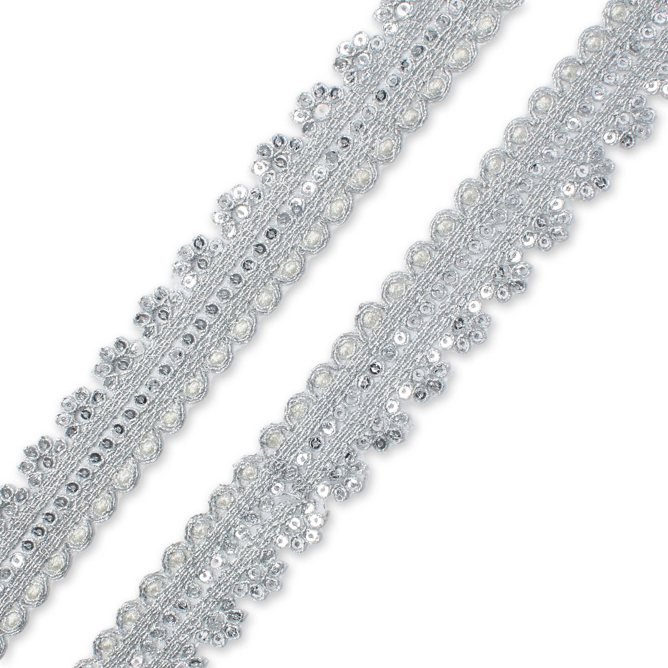 1 Inch Floral Striped Corded Sequin Mesh Trim (9.8 Yards / 9 Meters) - Image 3