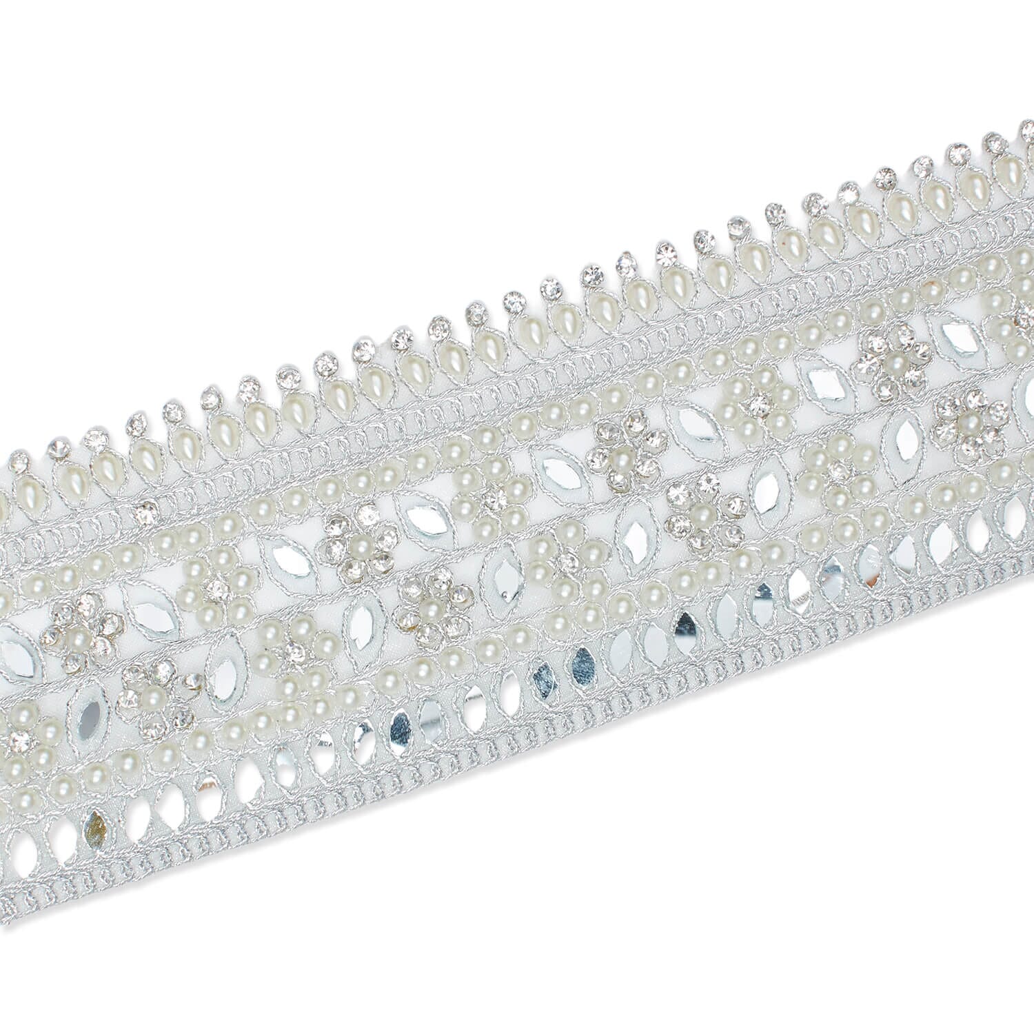 2.5 Inch Beaded Pearly Rhinestone Mirrored Floral Leafy Metallic Corded Mesh Lace Trim - Image 3