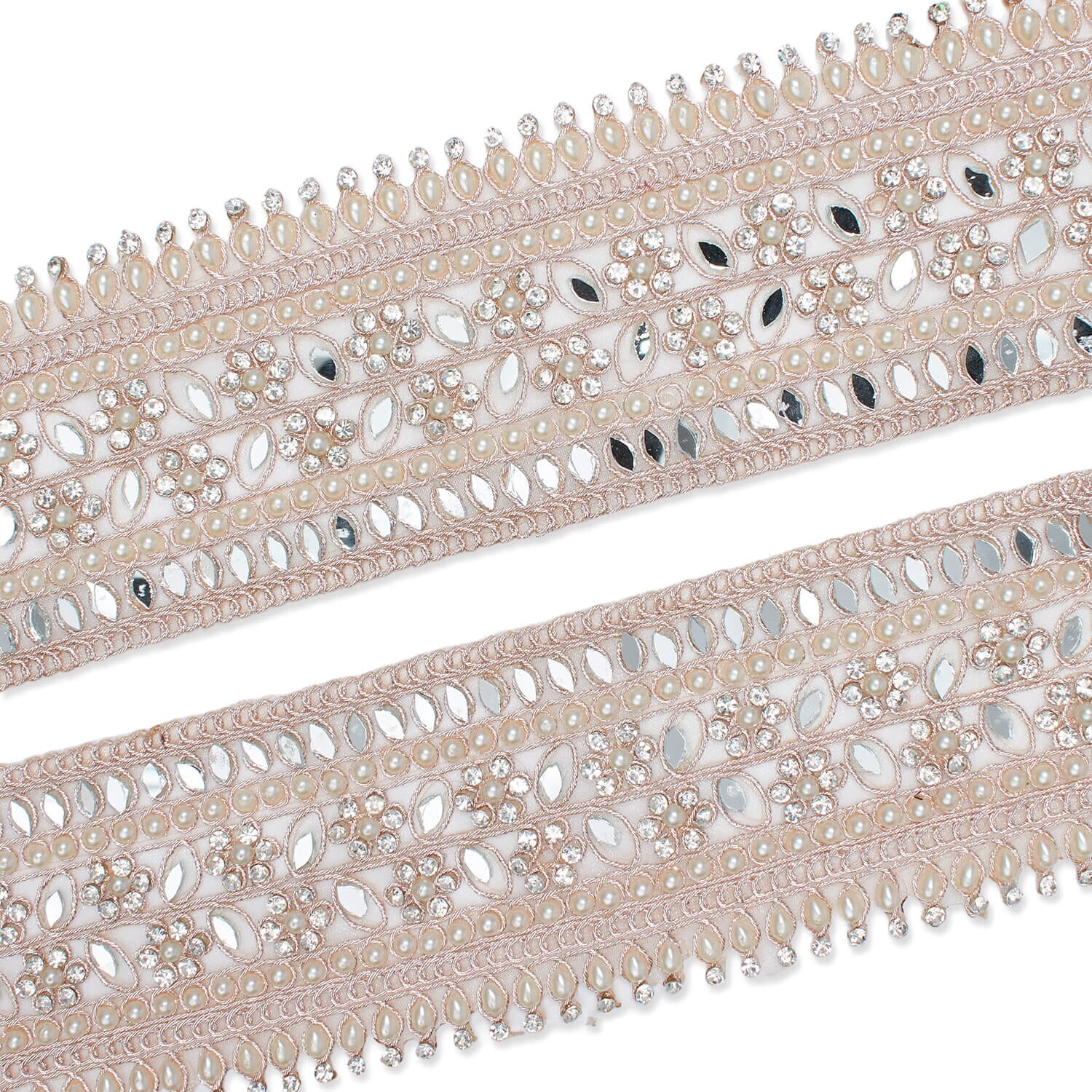 2.5 Inch Beaded Pearly Rhinestone Mirrored Floral Leafy Metallic Corded Mesh Lace Trim - Image 5