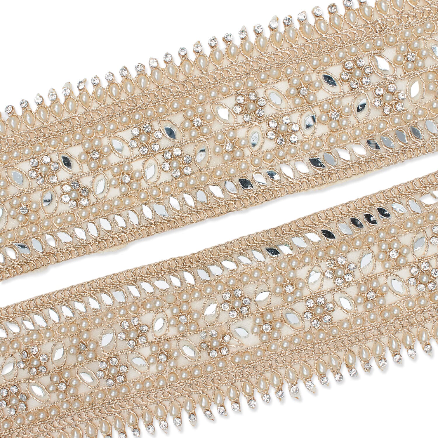 2.5 Inch Beaded Pearly Rhinestone Mirrored Floral Leafy Metallic Corded Mesh Lace Trim - Image 8