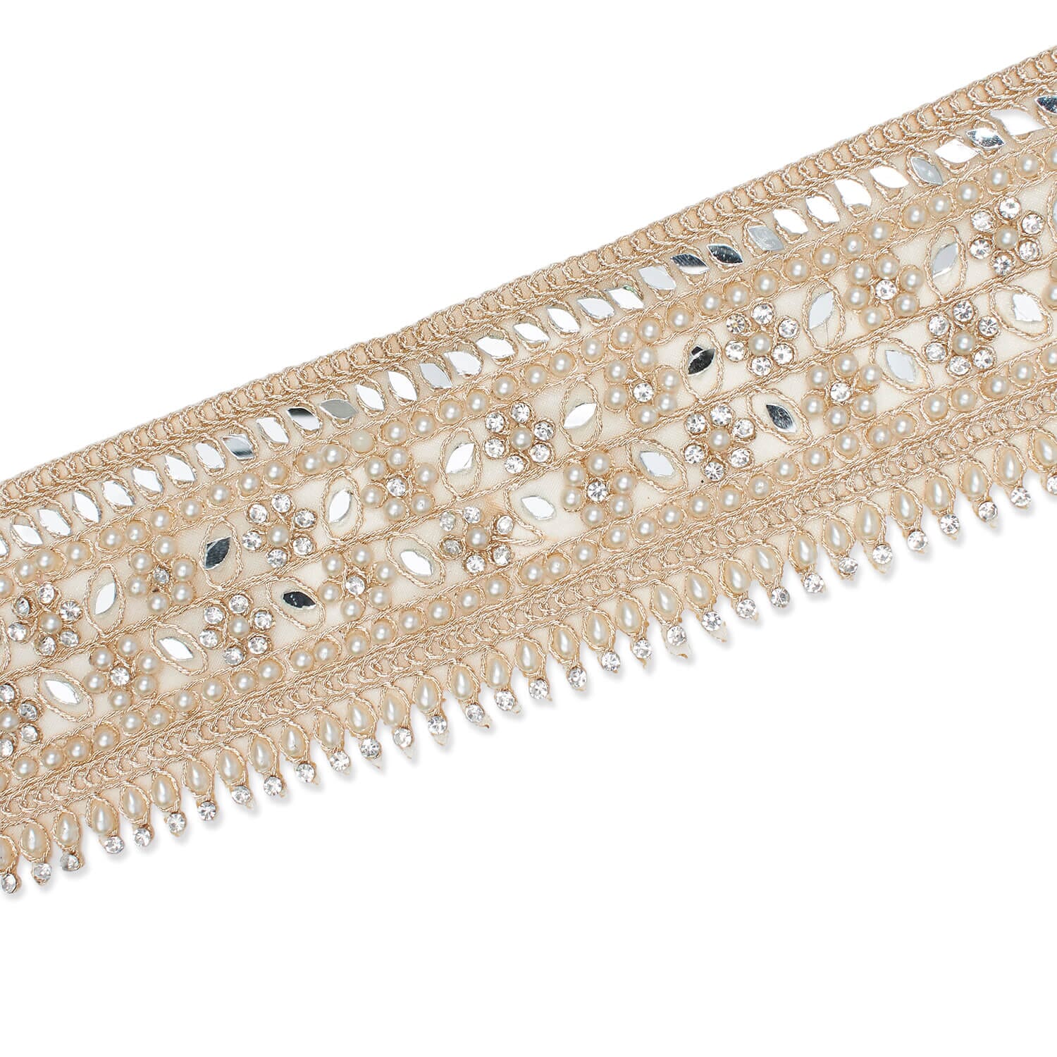 2.5 Inch Beaded Pearly Rhinestone Mirrored Floral Leafy Metallic Corded Mesh Lace Trim - Image 9