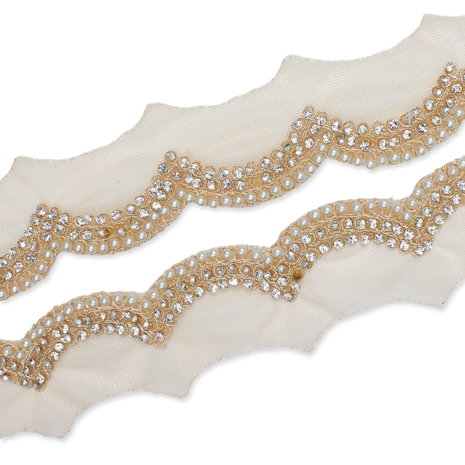 2 Inch Scalloped Regal Rhinestones Beads & Metallic Cording On Polyester Mesh Trim (9.8 Yards / 9 Meters) - Image 6