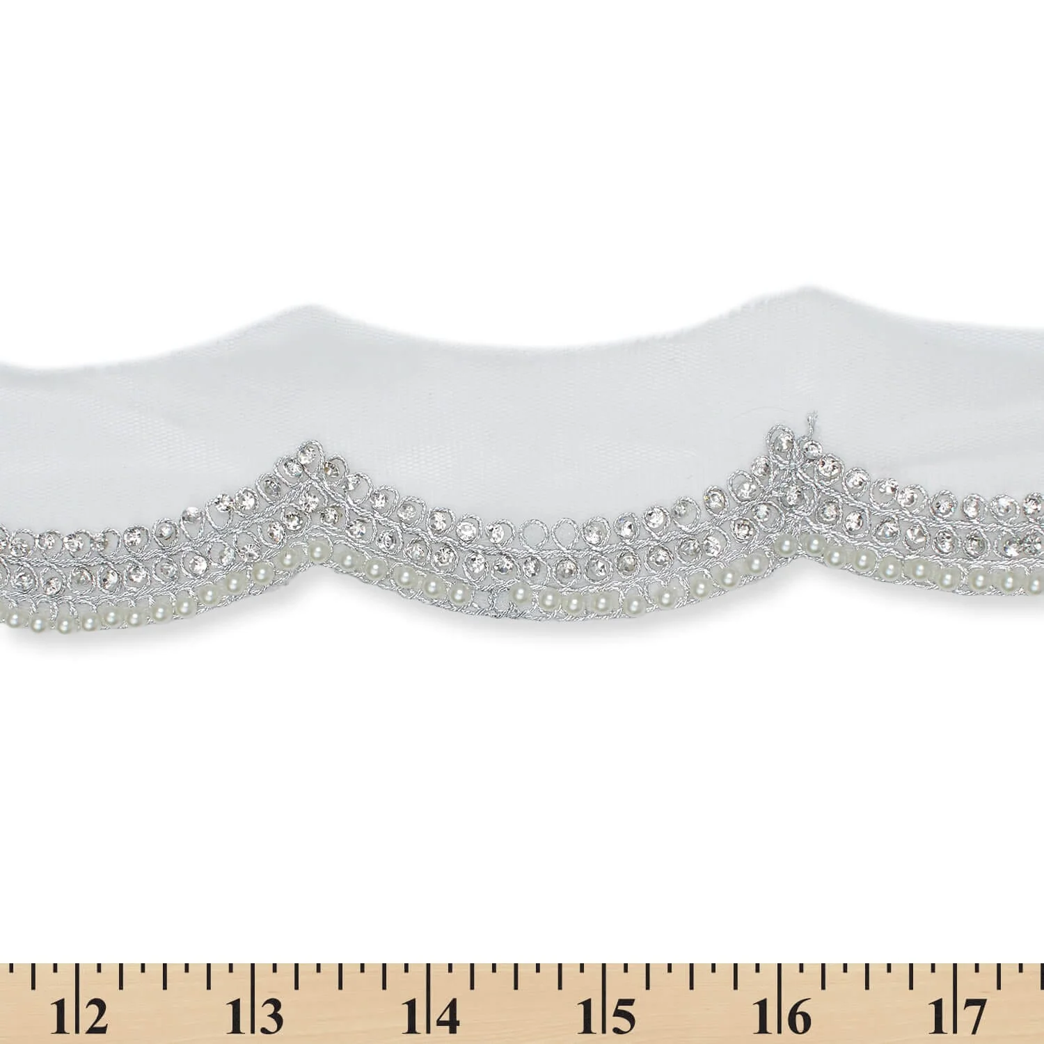 3 Inch Scalloped Regal Rhinestones Beads & Metallic Cording On Polyester Mesh Trim (9.8 Yards / 9 Meters) - Image 4