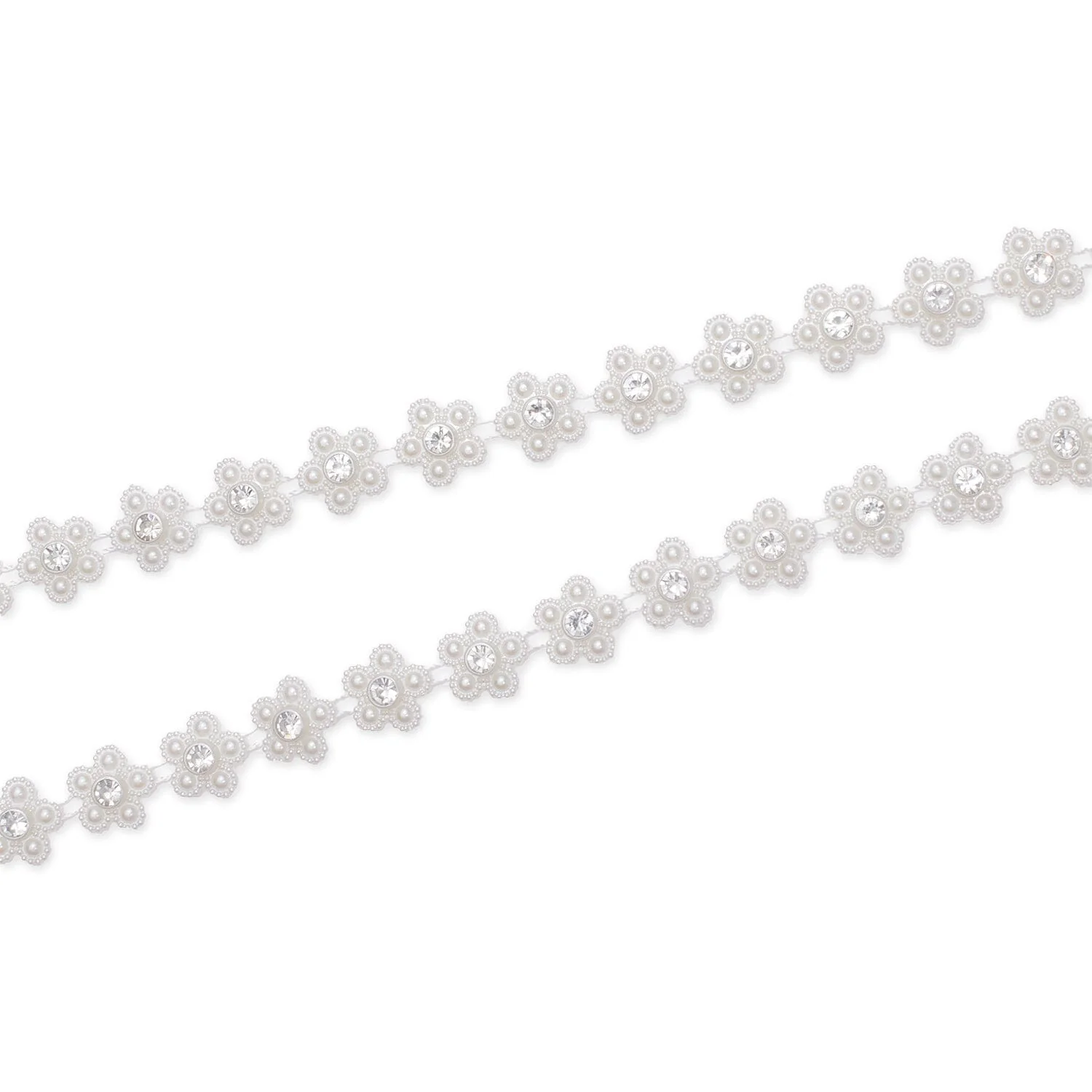 9/16 Inch Daisy Flower Rhinestone Pearl Petal Chain Trim (10 Yards)