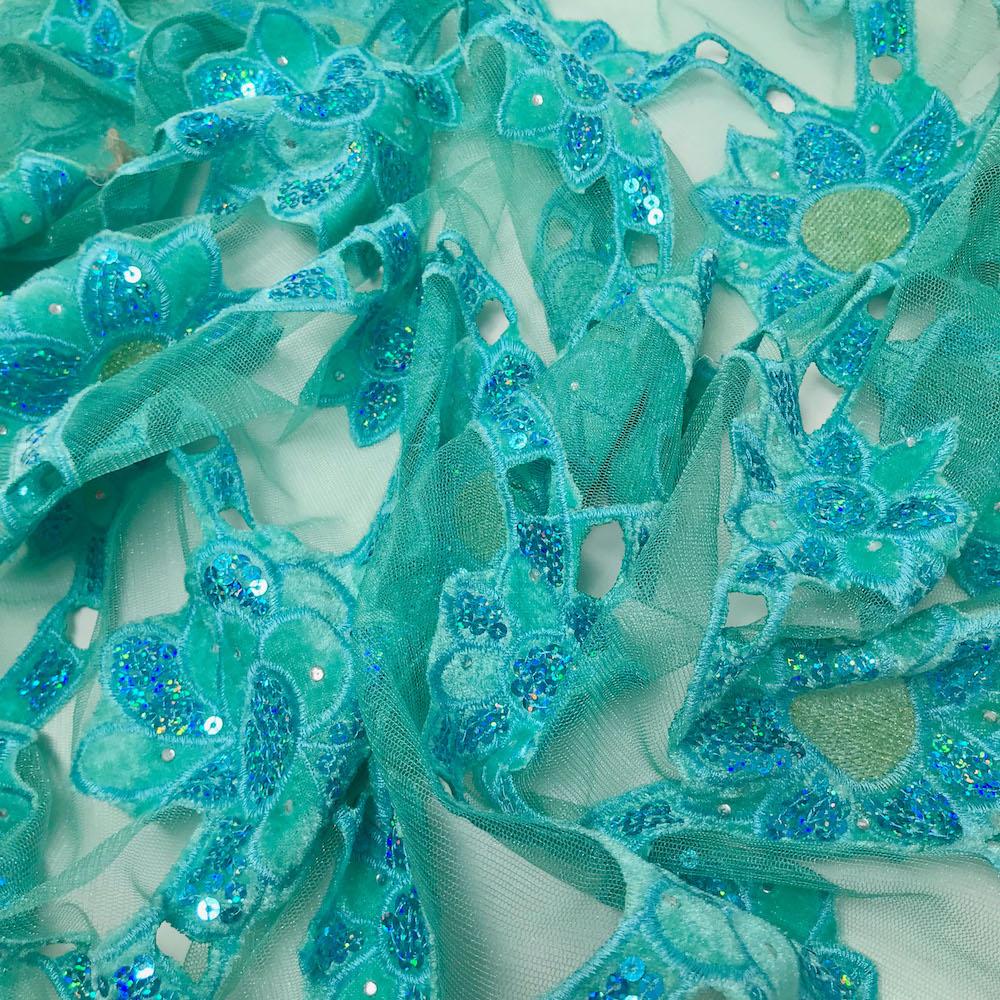 Aqua Blue Sunflower Corded Sequins Lace on Mesh - Image 2