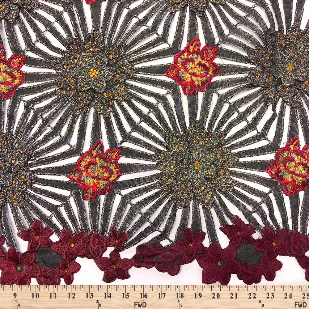 Black And Red Lotus Floral Embroidery on Organza Lace - Image 3
