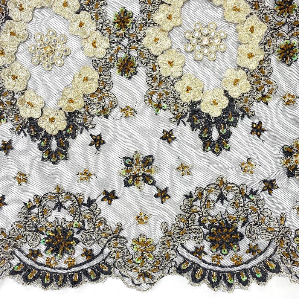 Black Daisy Diamond Patch Metallic Embroidery on Mesh - Image 4
