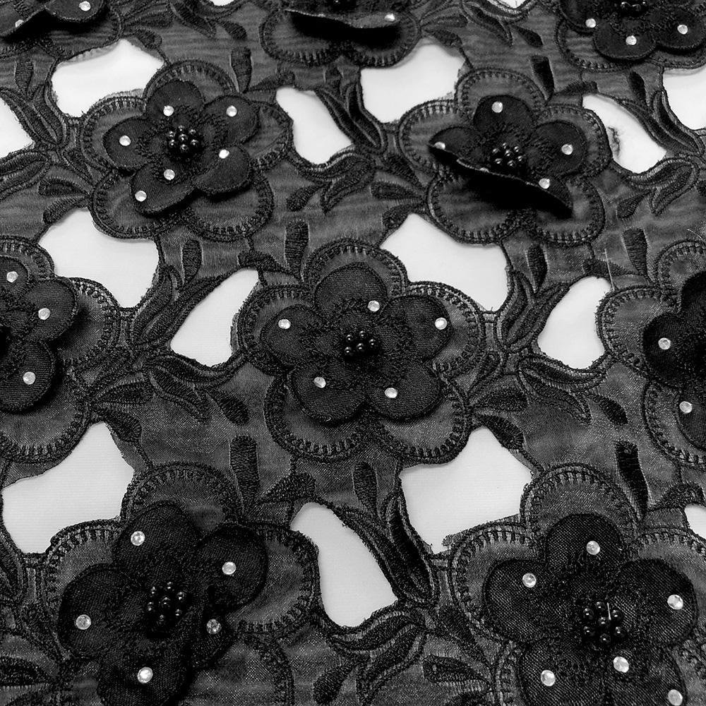 Black Floral Embroidery on Black Organza Lace - Image 2