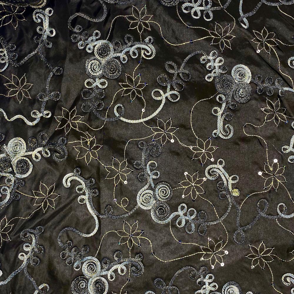 Black Metallic Floral Ribbon Swirl Organza