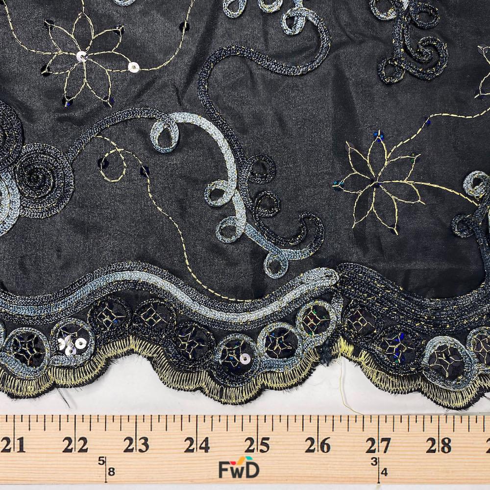 Black Metallic Floral Ribbon Swirl Organza - Image 3