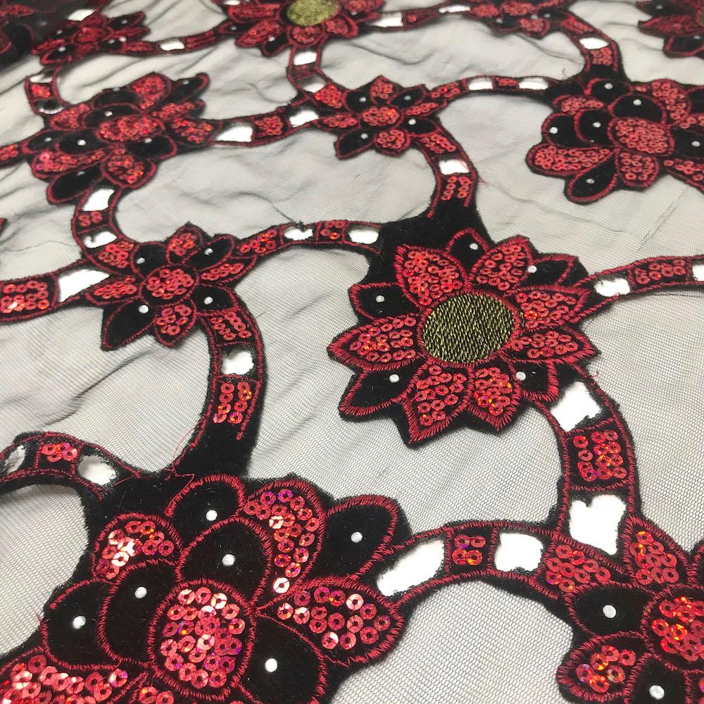 Black & Red Sunflower Corded Sequins Lace on Mesh - Image 2