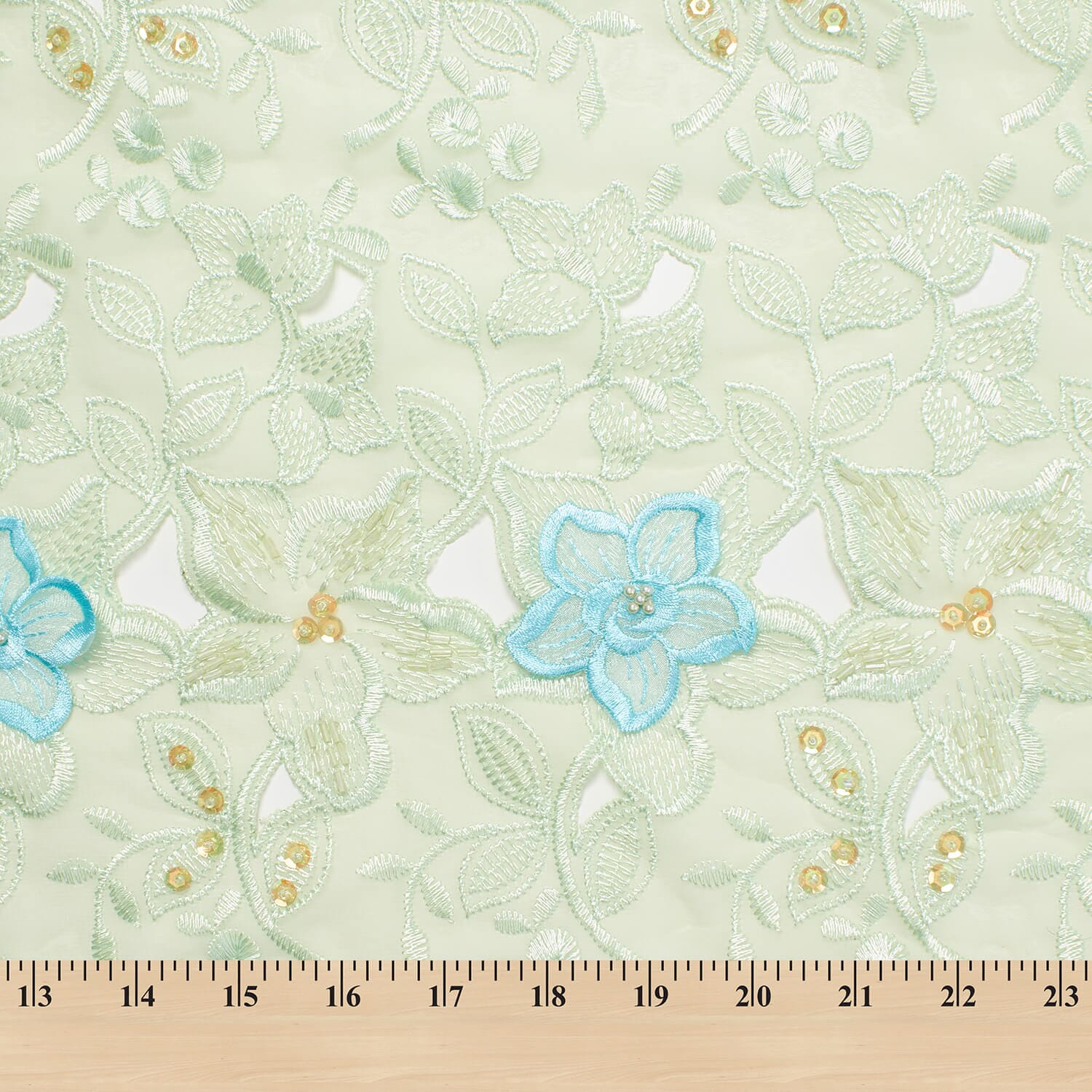 Blue Floral Embroidery On Green Chiffon - Image 3
