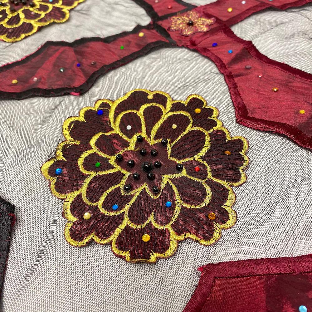 Burgundy Royal Embroidered Carnation on Mesh - Image 2