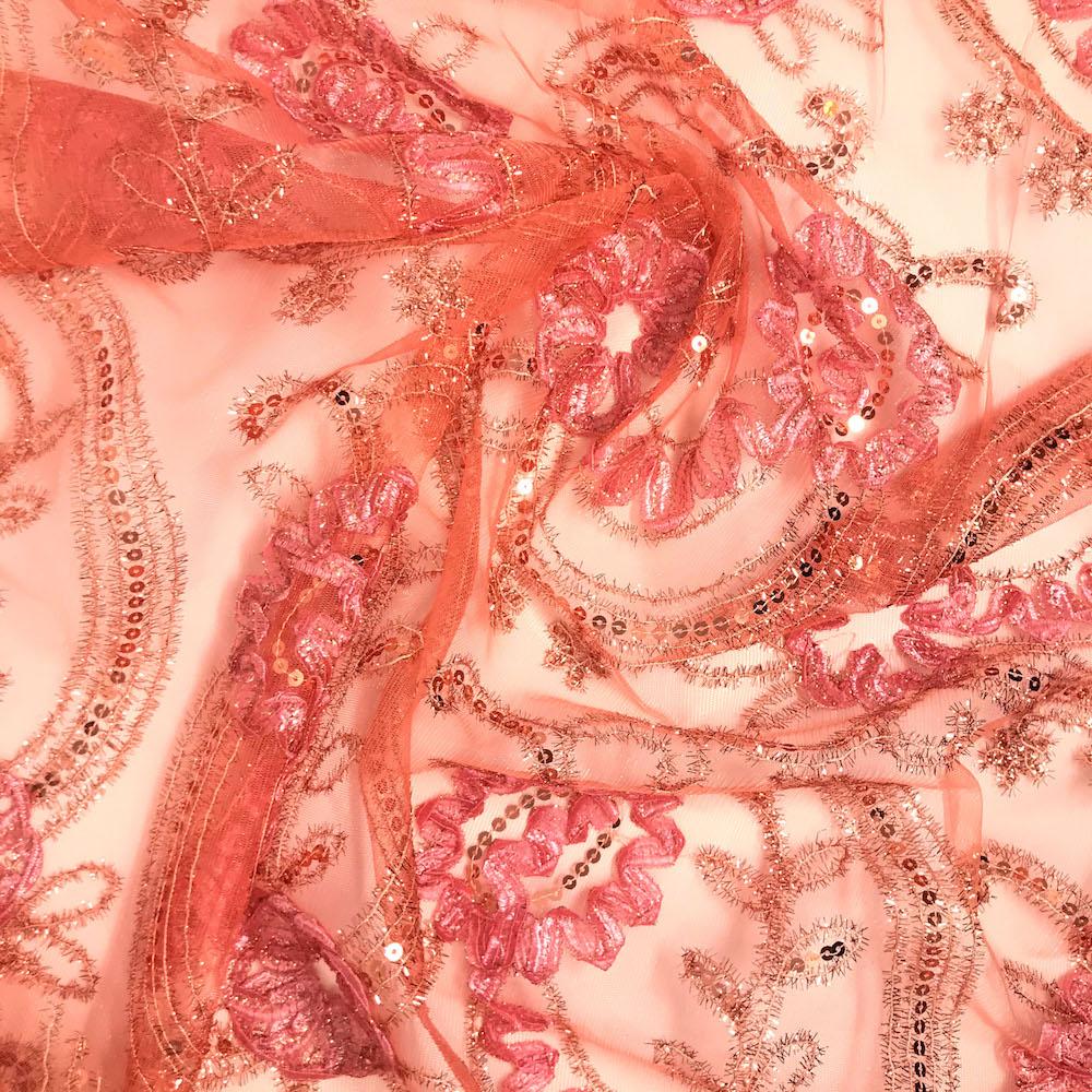 Coral Sparkle Sequins on Stretch Mesh - Image 3