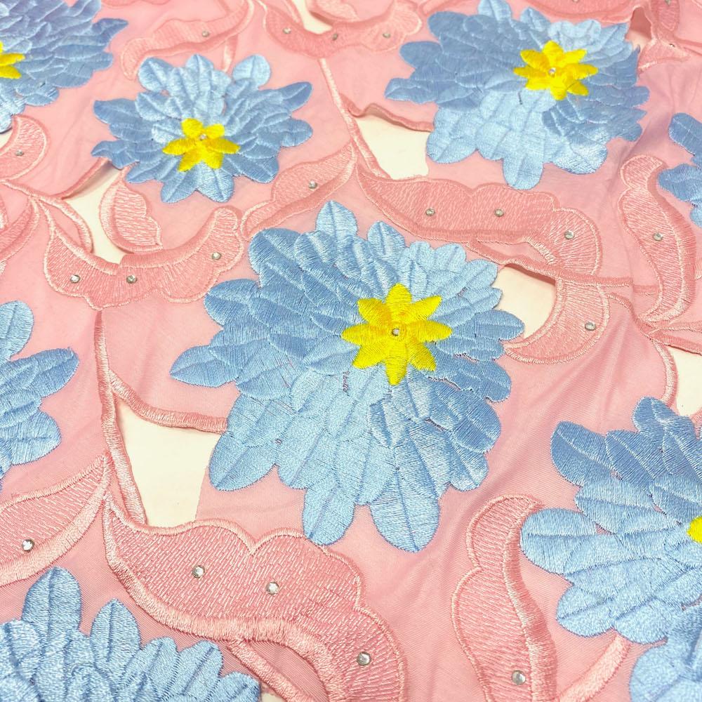 Floral Aster Rhinestone Embroidery on Pink Organza - Image 2