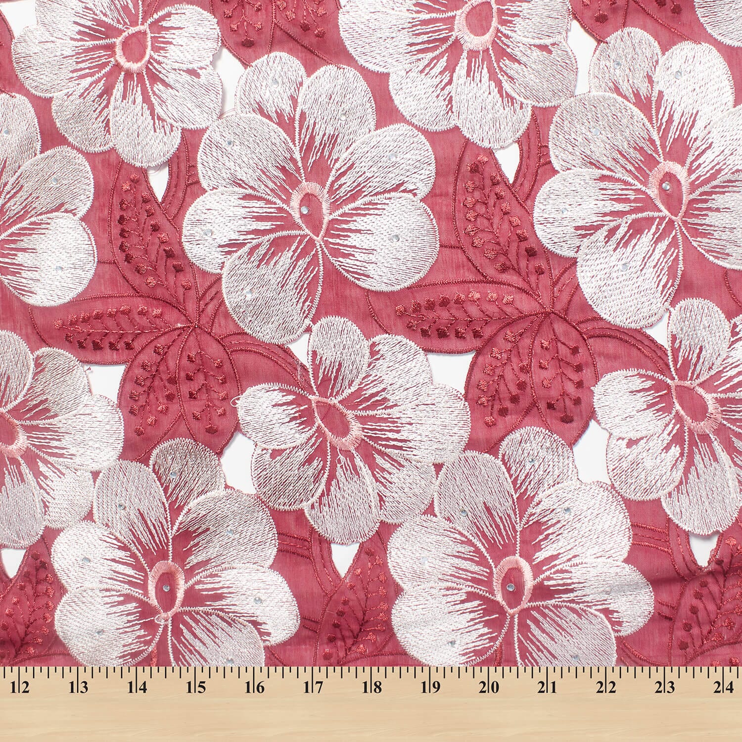 Floral Petals & Leaf Embroidery With Rhinestones On Voile Lace - Image 3