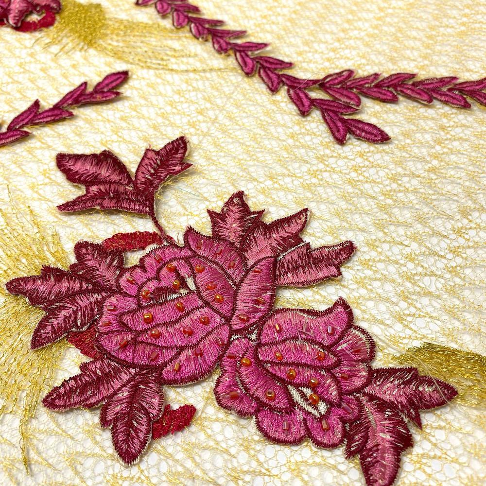 Fuchsia Rose Patch on Gold Chemical Mesh - Image 2