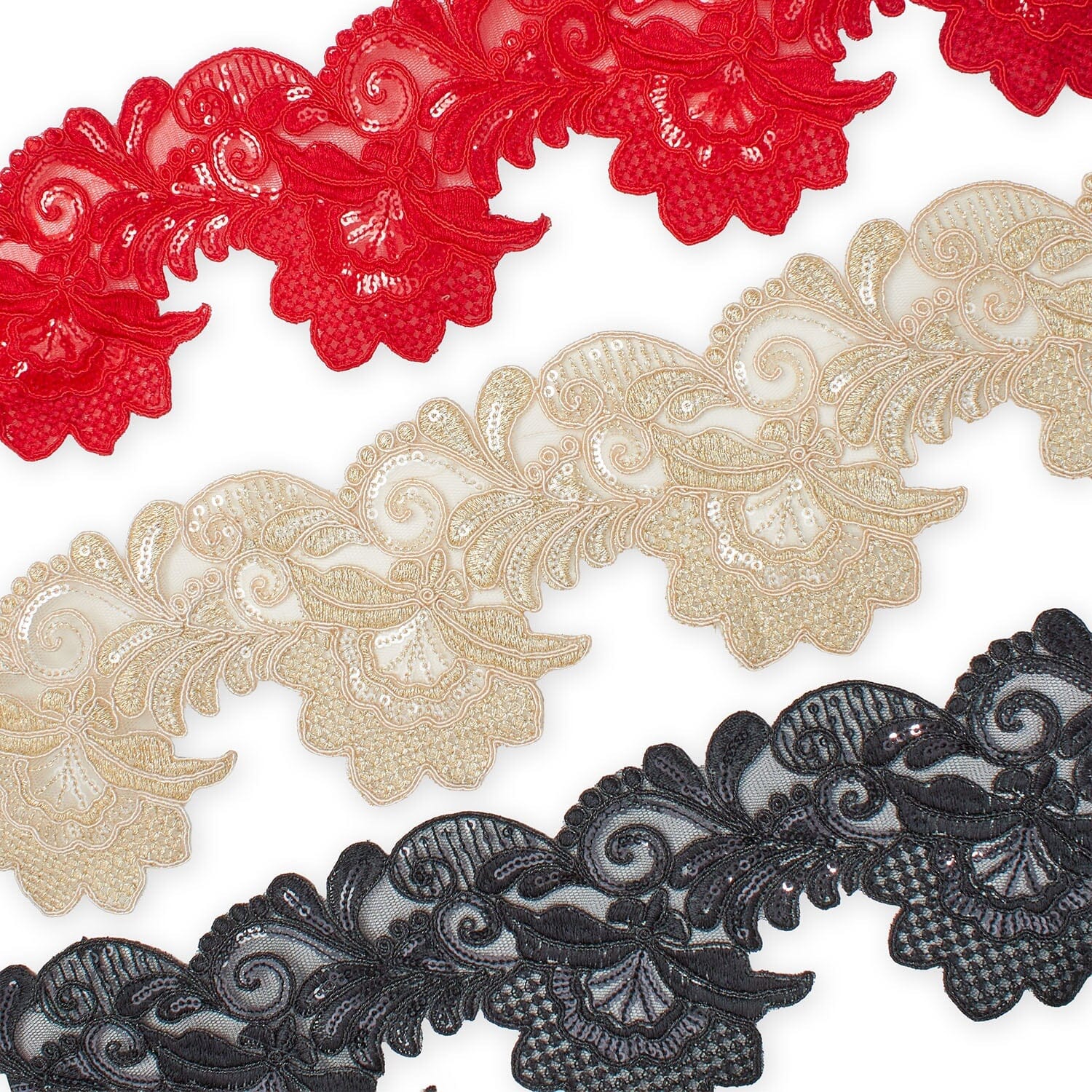 Leafy Floral Corded Sequin Embroidery On 4 Inch Scalloped Mesh Lace Trim