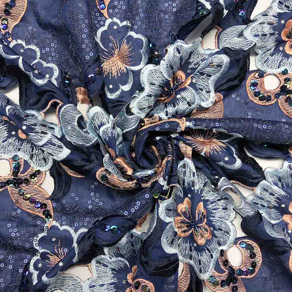 Midnight Blue Floral Embroidery Lace on Organza - Image 2