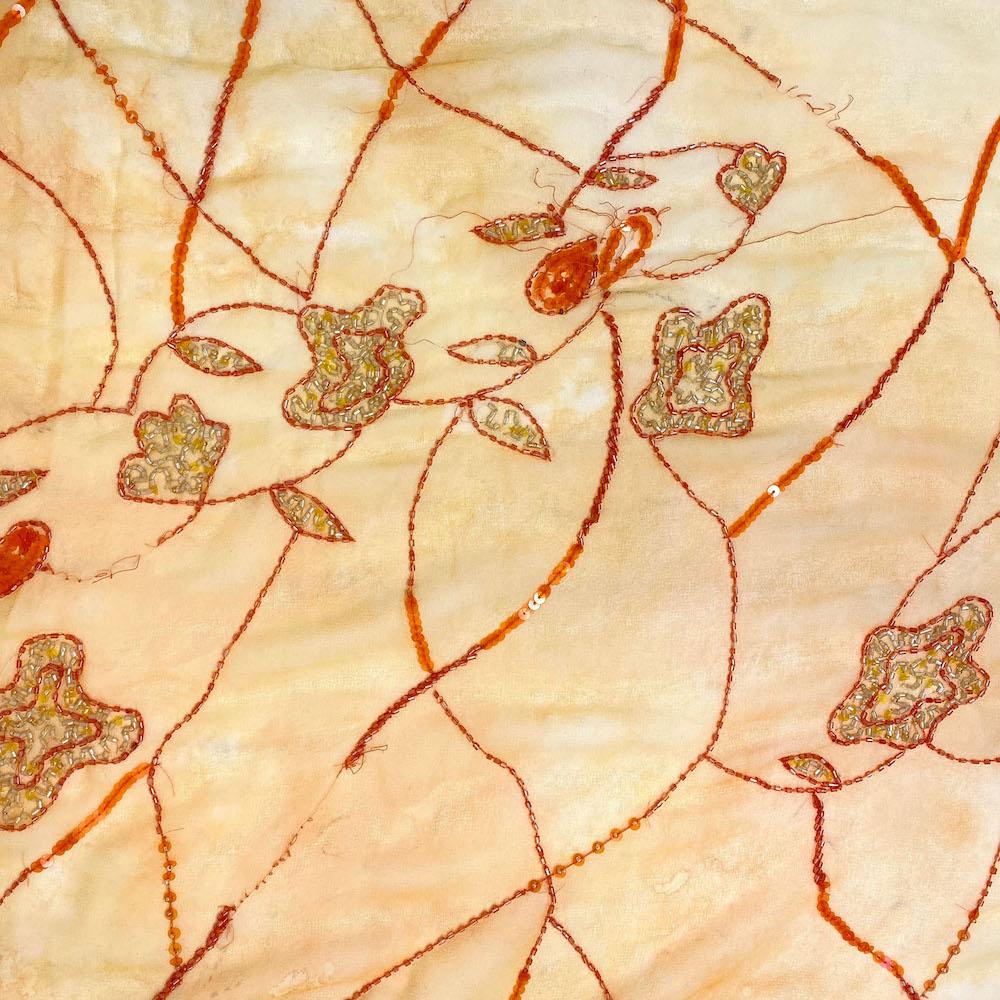 Orange Buttercup Floral Beaded Embroidery on Georgette