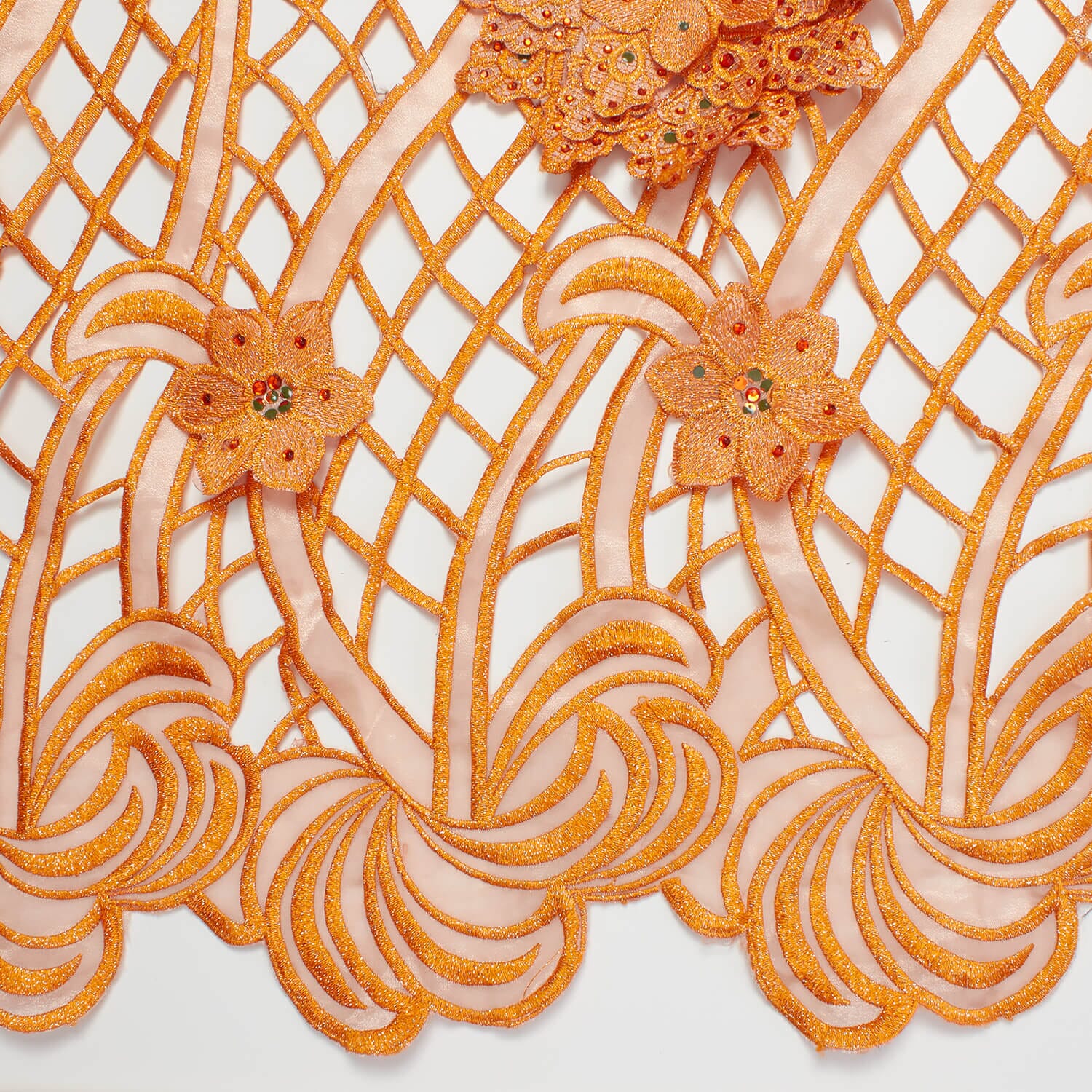 Orange Floral Corded Mesh Lace - Image 2