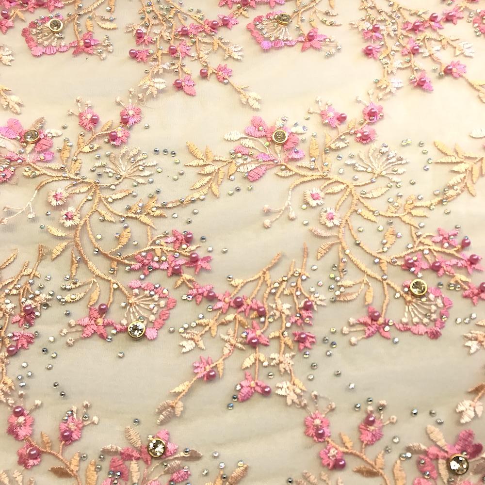 Peach Ariya Beaded Embroidery Sequins on Mesh Lace - Image 3