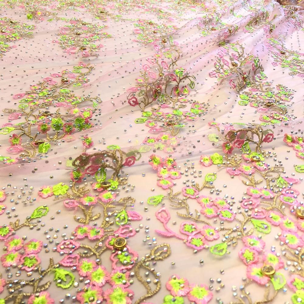 Pink Farina Beaded Embroidery Sequins on Mesh Lace - Image 2