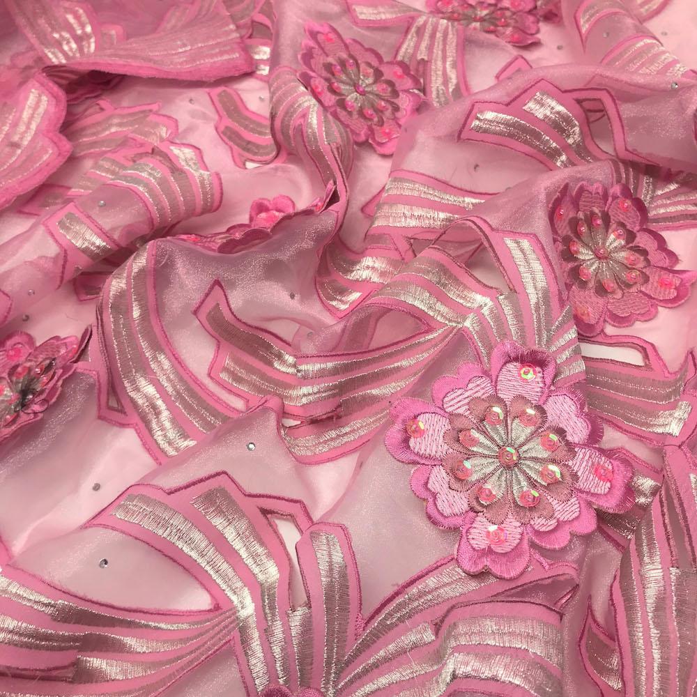Pink Floral Rhinestone Patch on Organza Embroidered Lace - Image 2