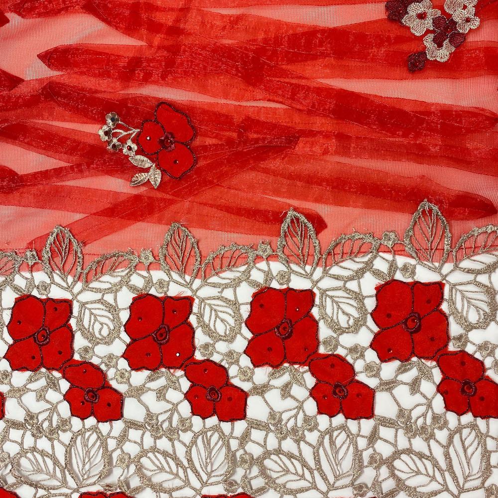 Red Floral Embroidered Ribbon Metallic Chemical Lace