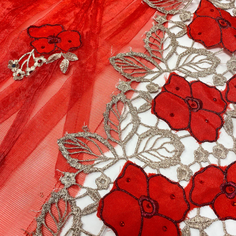 Red Floral Embroidered Ribbon Metallic Chemical Lace - Image 2