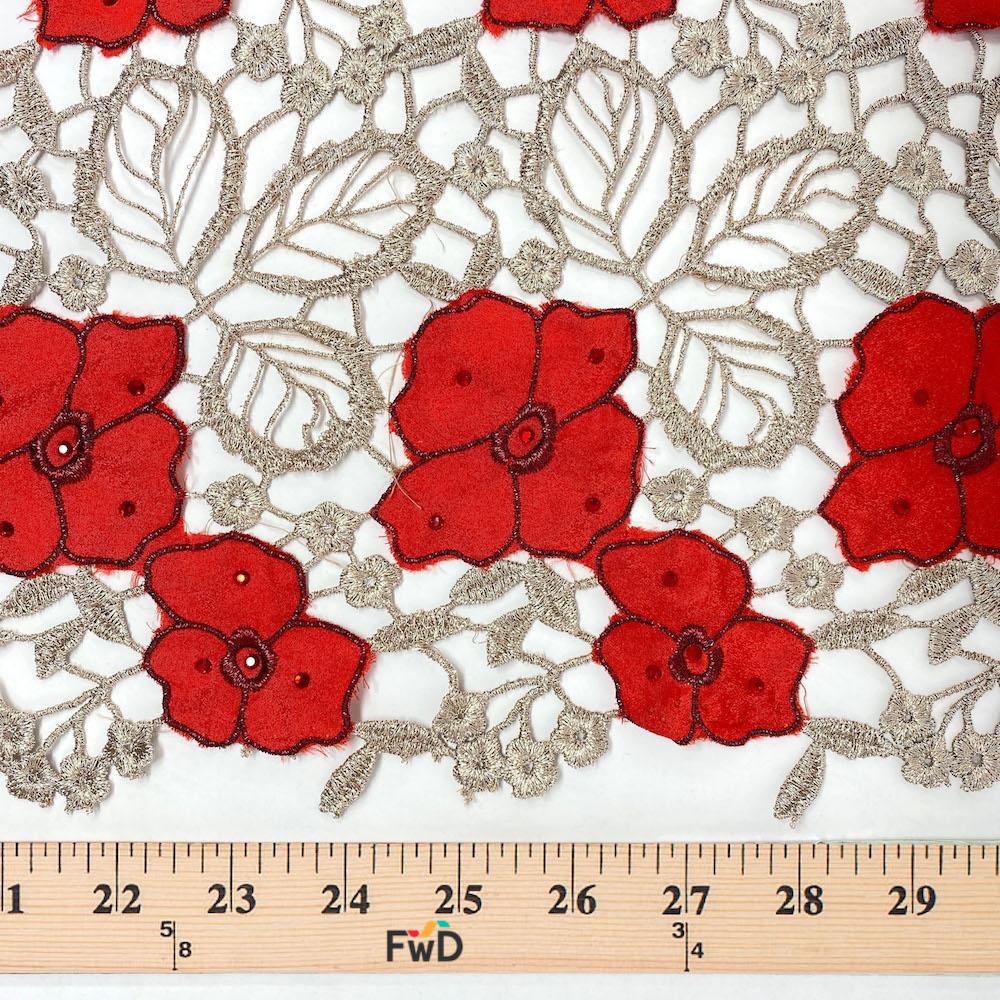 Red Floral Embroidered Ribbon Metallic Chemical Lace - Image 3