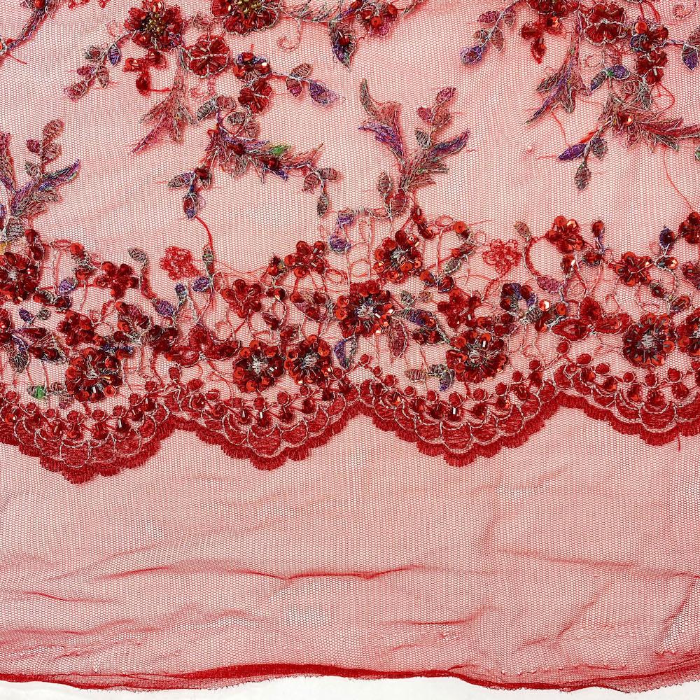 Red Metallic Daisy Sprout Sequin Beaded on Mesh - Image 4