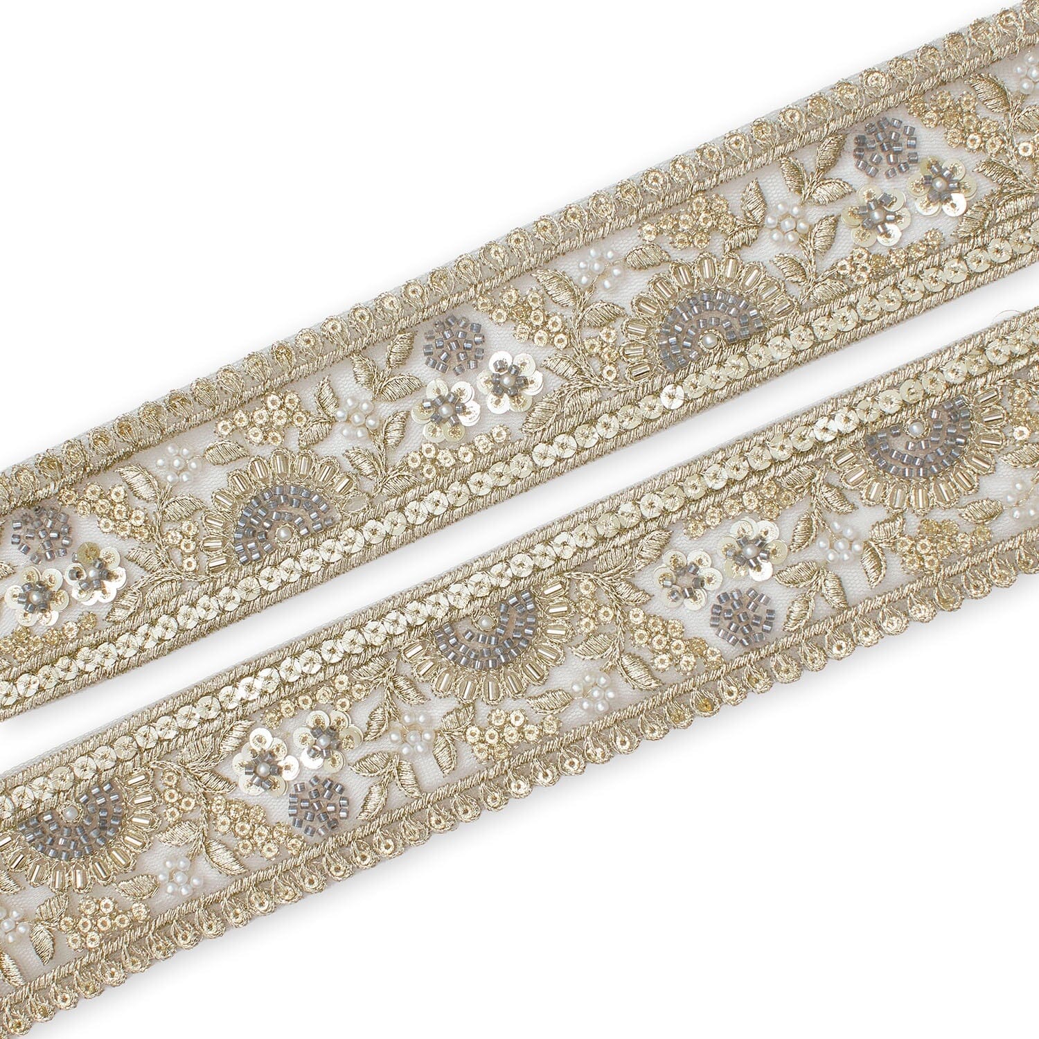 Sunshine Garden Floral Beaded Sequin Metallic Embroidery On 2 Inch Hemmed Mesh Lace Trim - Image 11