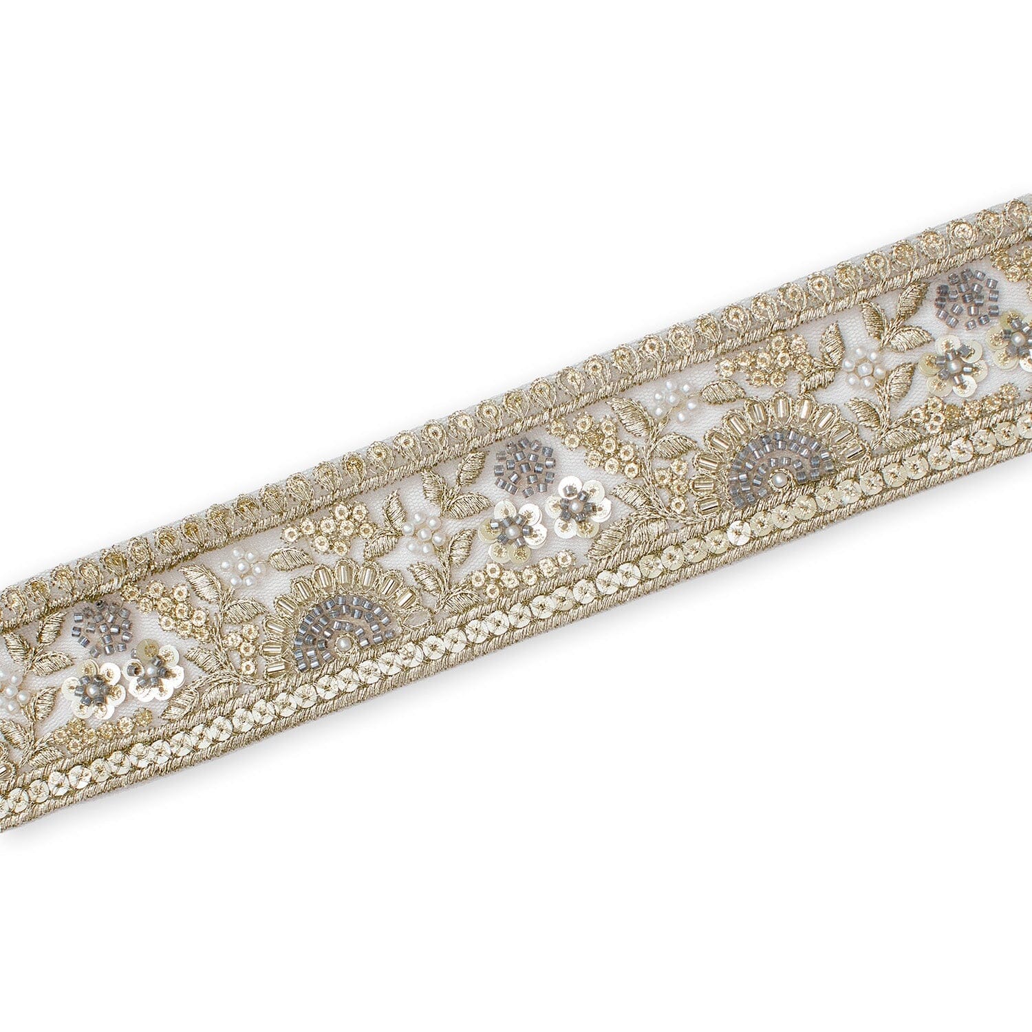 Sunshine Garden Floral Beaded Sequin Metallic Embroidery On 2 Inch Hemmed Mesh Lace Trim - Image 12