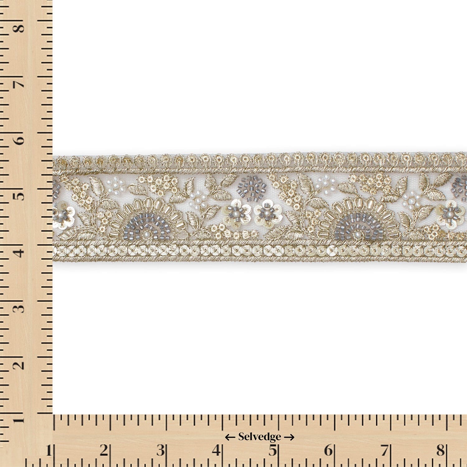Sunshine Garden Floral Beaded Sequin Metallic Embroidery On 2 Inch Hemmed Mesh Lace Trim - Image 13