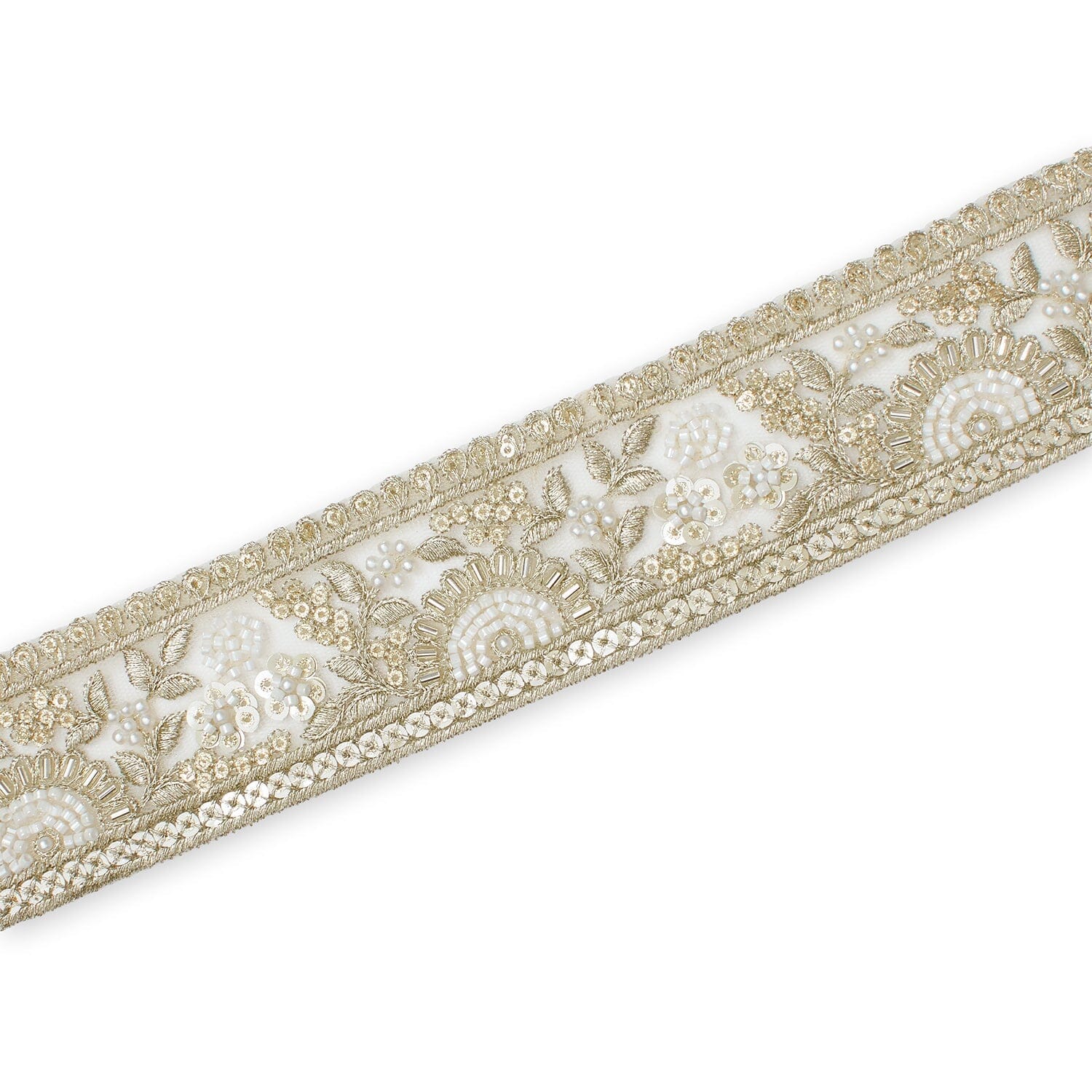 Sunshine Garden Floral Beaded Sequin Metallic Embroidery On 2 Inch Hemmed Mesh Lace Trim - Image 3