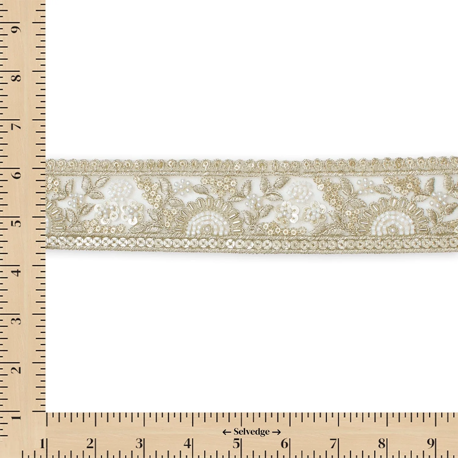 Sunshine Garden Floral Beaded Sequin Metallic Embroidery On 2 Inch Hemmed Mesh Lace Trim - Image 4
