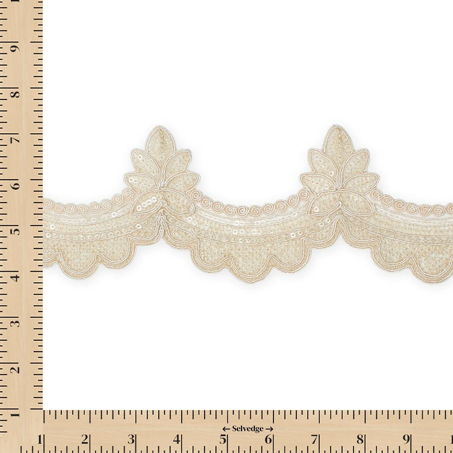 Swirly Flower Corded Sequin Embroidery On 3 & 1/2 Inch Scalloped Mesh Lace Trim - Image 7