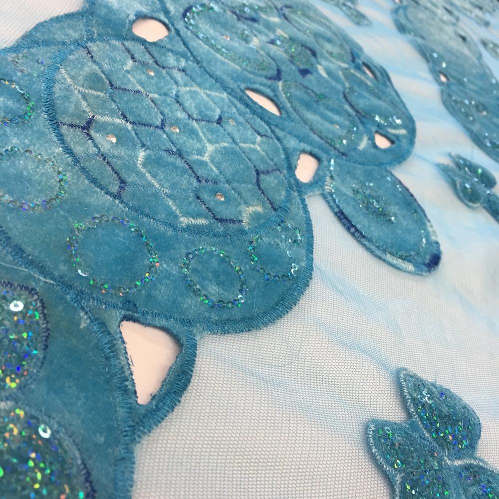 Turquoise Circle Embroidery Lace on Mesh - Image 3