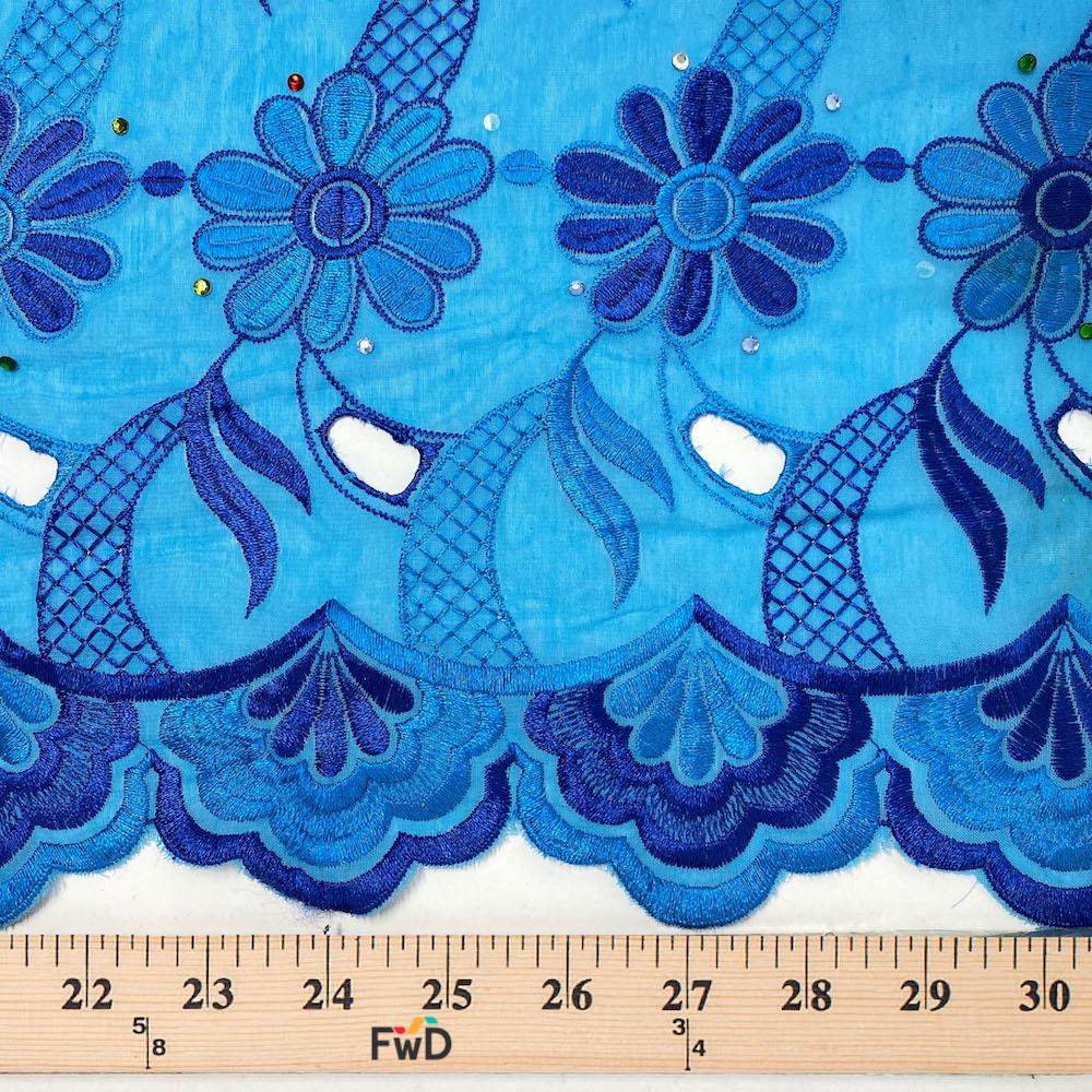 Turquoise Daisy Embroidery with Rhinestones on Organza Lace - Image 3
