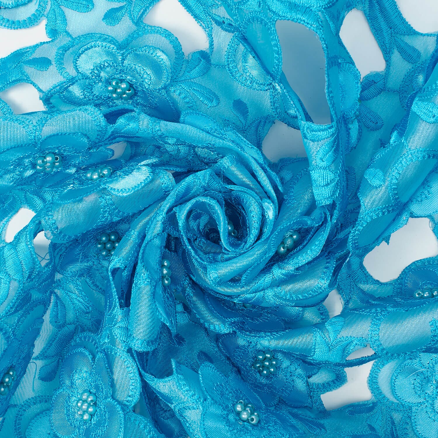 Turquoise Floral Embroidery on Turquoise Organza Lace - Image 2