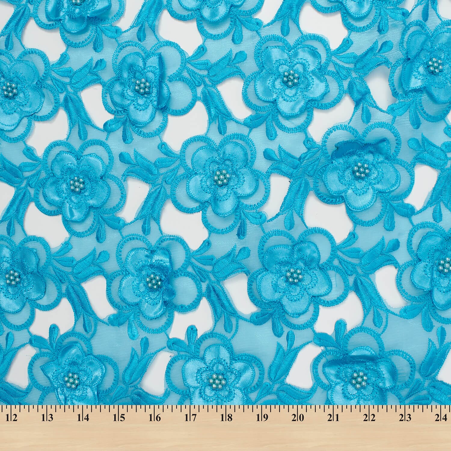Turquoise Floral Embroidery on Turquoise Organza Lace - Image 4