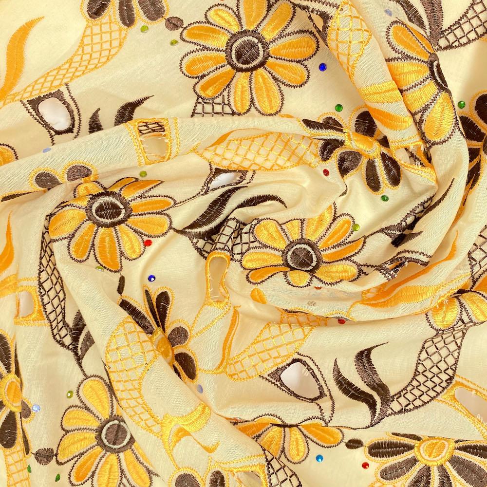 Yellow Daisy Embroidery with Rhinestones on Organza Lace - Image 2