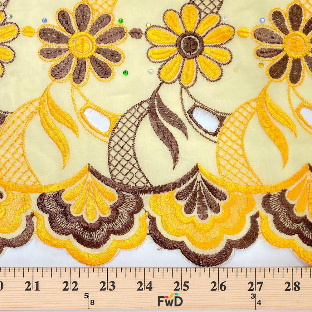 Yellow Daisy Embroidery with Rhinestones on Organza Lace - Image 3